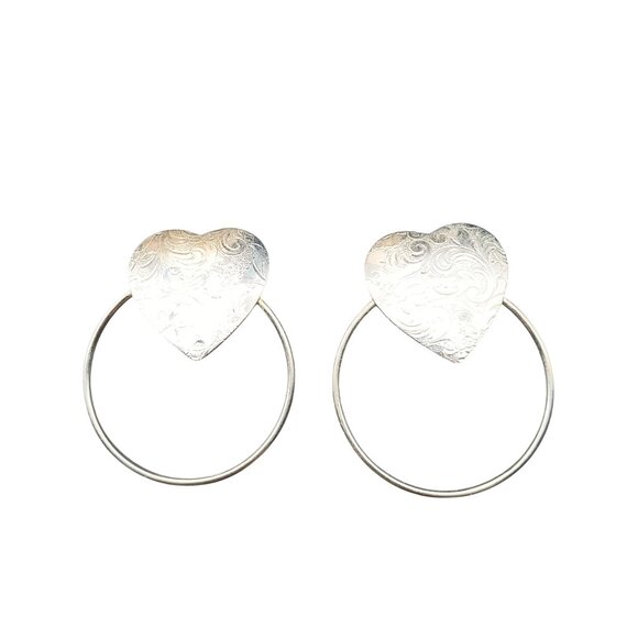 Heart Shaped Vintage Engraved Silver Tone Hoop Earrings - Picture 2 of 4